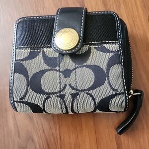 Coach Black and Tan Wallet with Gold Button